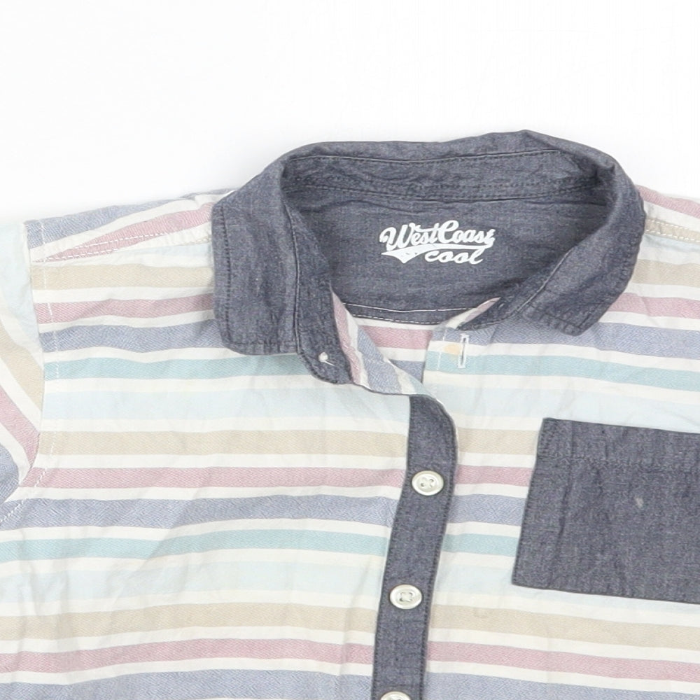 Close-up detail of Matalan boys’ multicoloured striped cotton basic button-up, size 4-5, years collared button