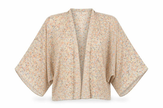 Front view of 915 Generation girls’ pink floral polyester kimono blouse, size S, round neck