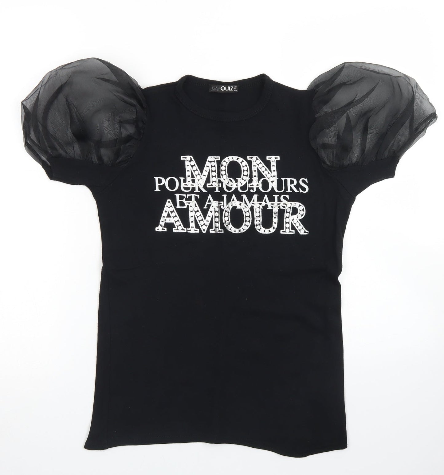 Quiz Womens Black  Cotton Basic T-Shirt Size 8 Crew Neck - Puff Sleeve