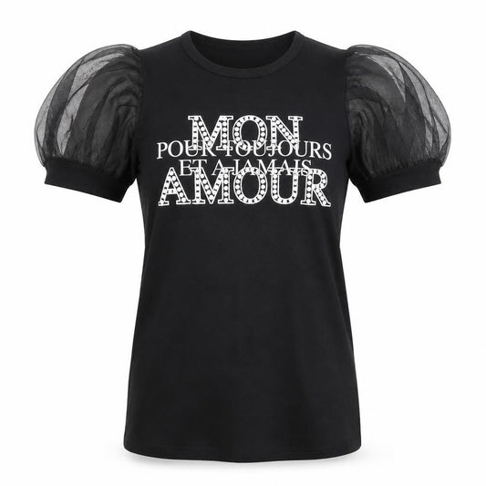Front view of Quiz women’s black cotton basic t-shirt, size UK 8, crew neck - puff sleeve