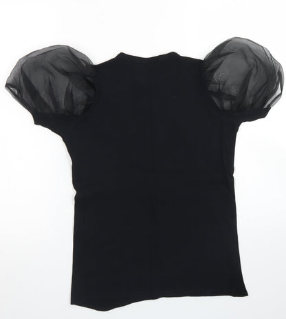 Quiz Womens Black  Cotton Basic T-Shirt Size 8 Crew Neck - Puff Sleeve