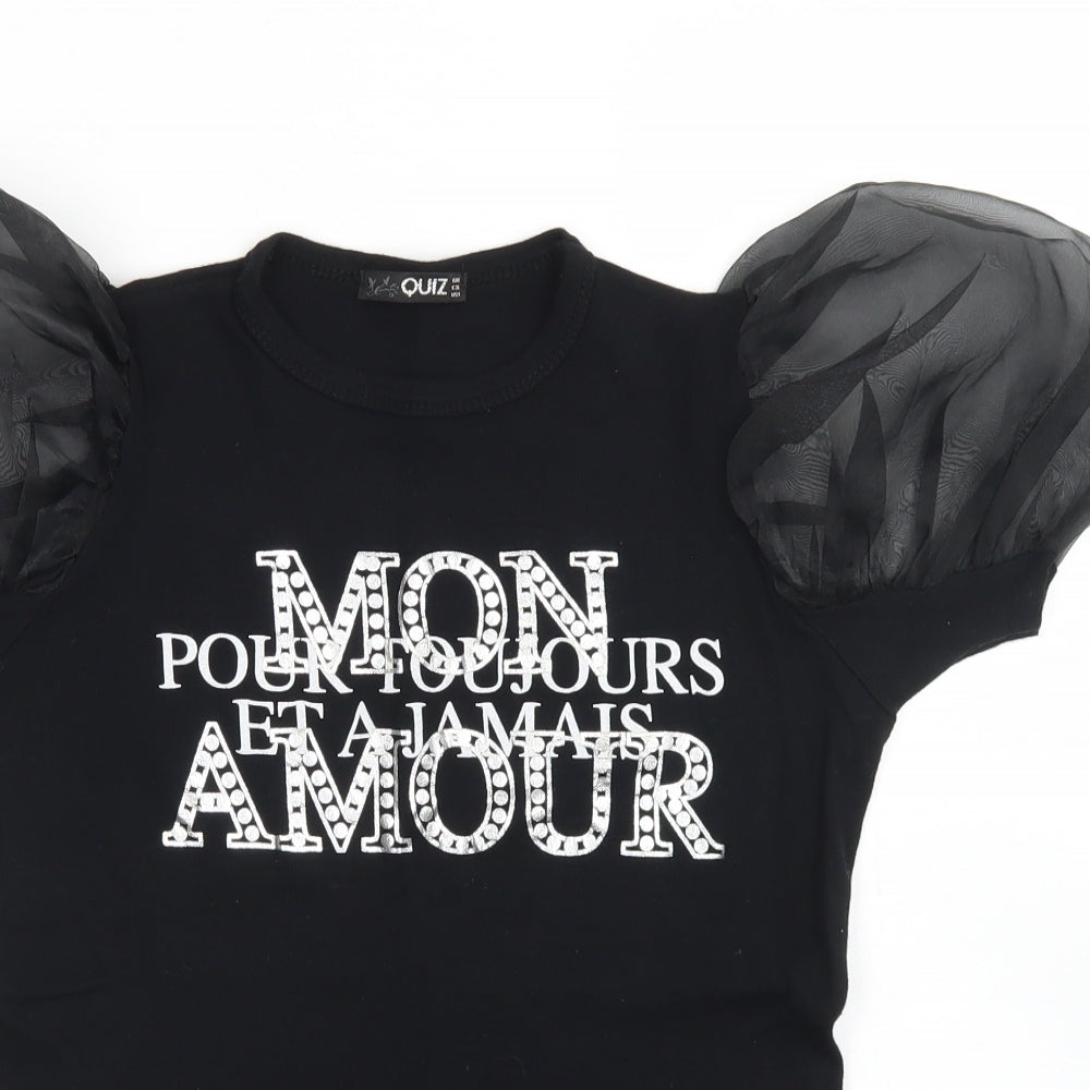 Quiz Womens Black  Cotton Basic T-Shirt Size 8 Crew Neck - Puff Sleeve