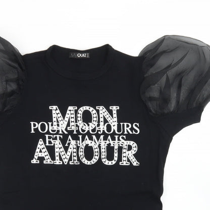 Quiz Womens Black  Cotton Basic T-Shirt Size 8 Crew Neck - Puff Sleeve