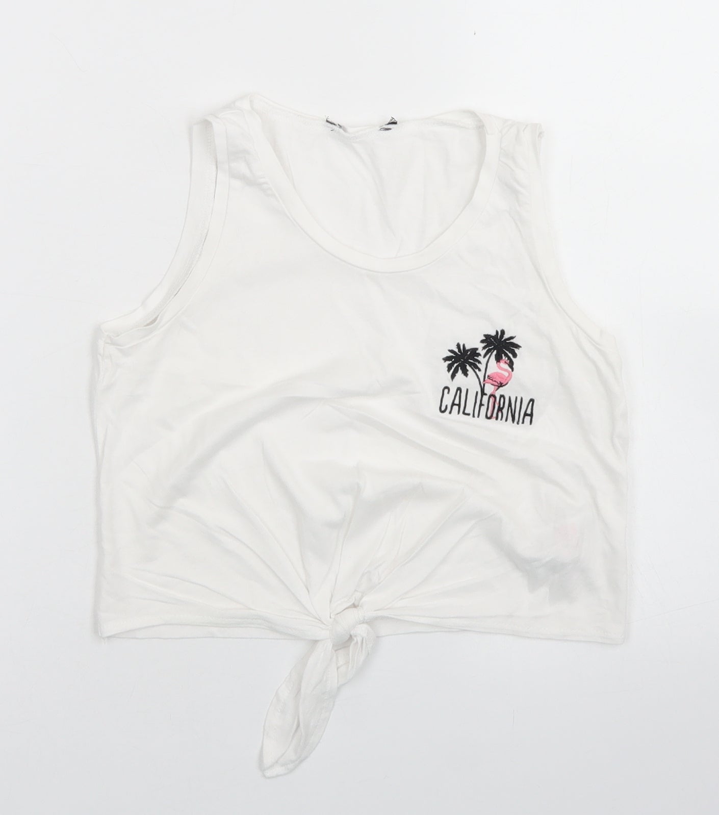 915 Generation Girls White  Cotton Cropped Tank Size 9 Years Round Neck  - Flamingo, Tie front