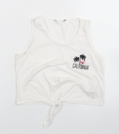 915 Generation Girls White  Cotton Cropped Tank Size 9 Years Round Neck  - Flamingo, Tie front