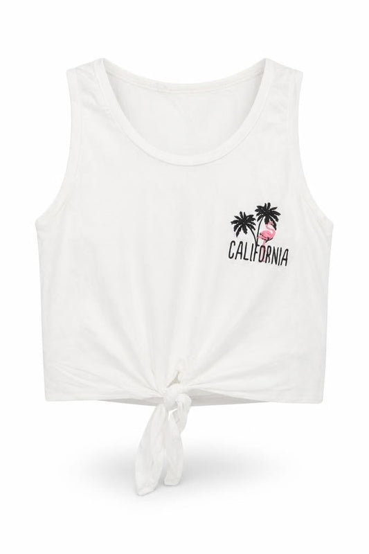 Front view of 915 Generation girls’ white cotton cropped tank, size 9, years round neck - flamingo, tie front
