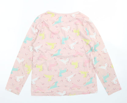 George Girls Pink  Cotton Basic Polo Size 9-10 Years Crew Neck  - Unicorn Print