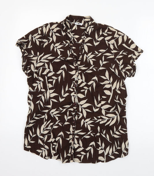 Evie Womens Brown Floral Cotton Basic Button-Up Size 12 V-Neck