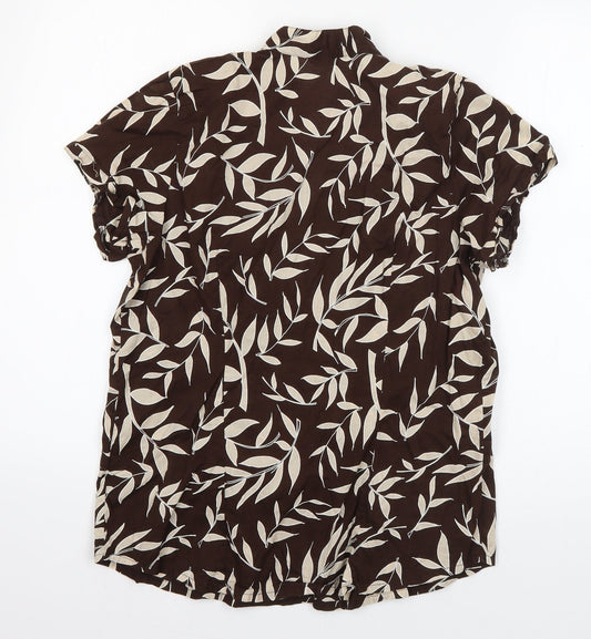 Evie Womens Brown Floral Cotton Basic Button-Up Size 12 V-Neck