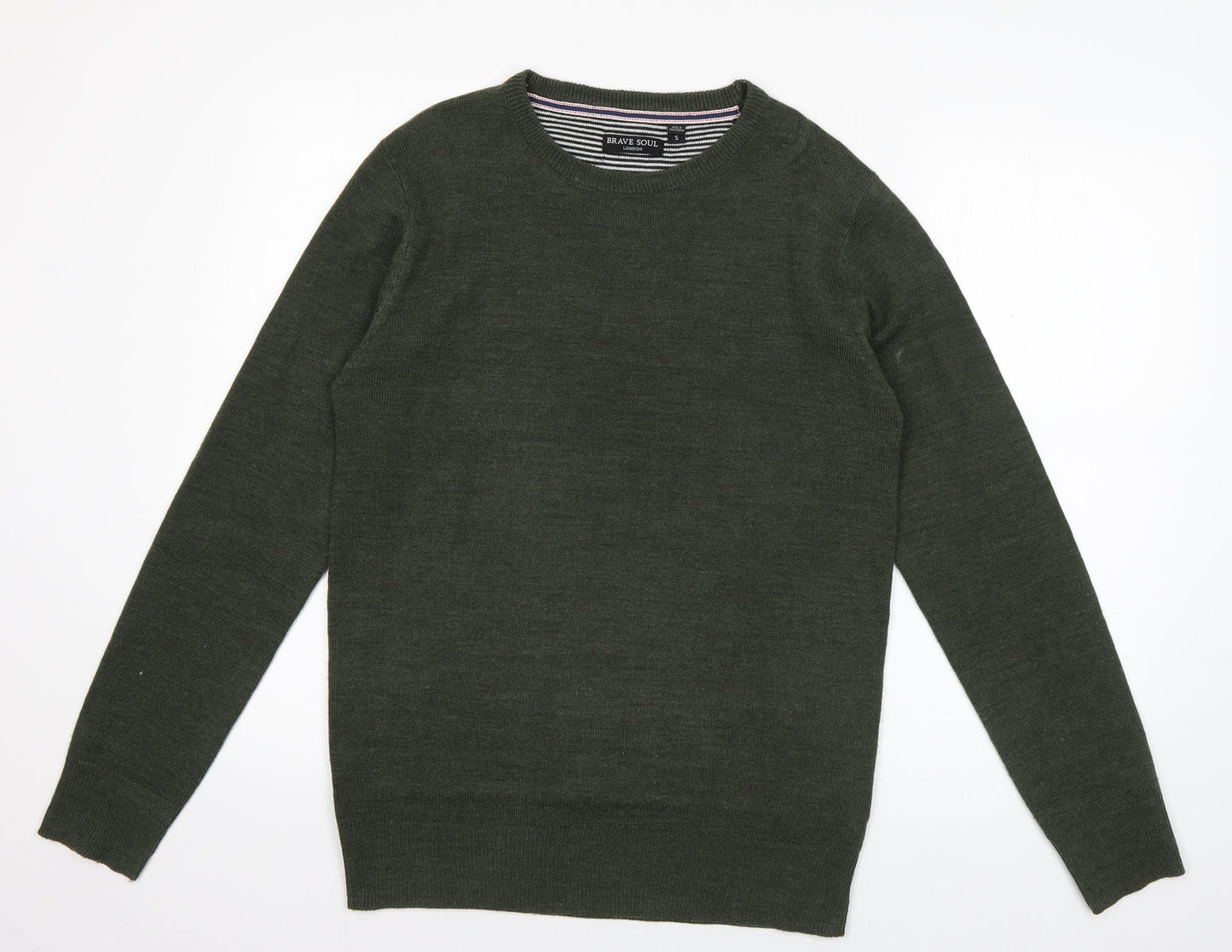 Brave Soul Mens Green V-Neck  Acrylic Pullover Jumper Size S