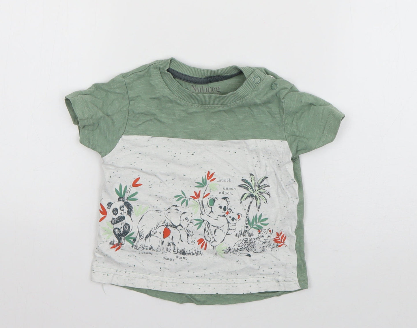 Nutmeg Boys Green  Cotton Basic T-Shirt Size 12-18 Months Round Neck Pullover - Animals