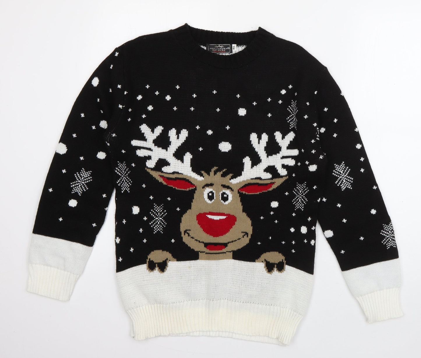 Alessandra Saroshi Mens Black Crew Neck  Acrylic Pullover Jumper Size M   - Rudolph