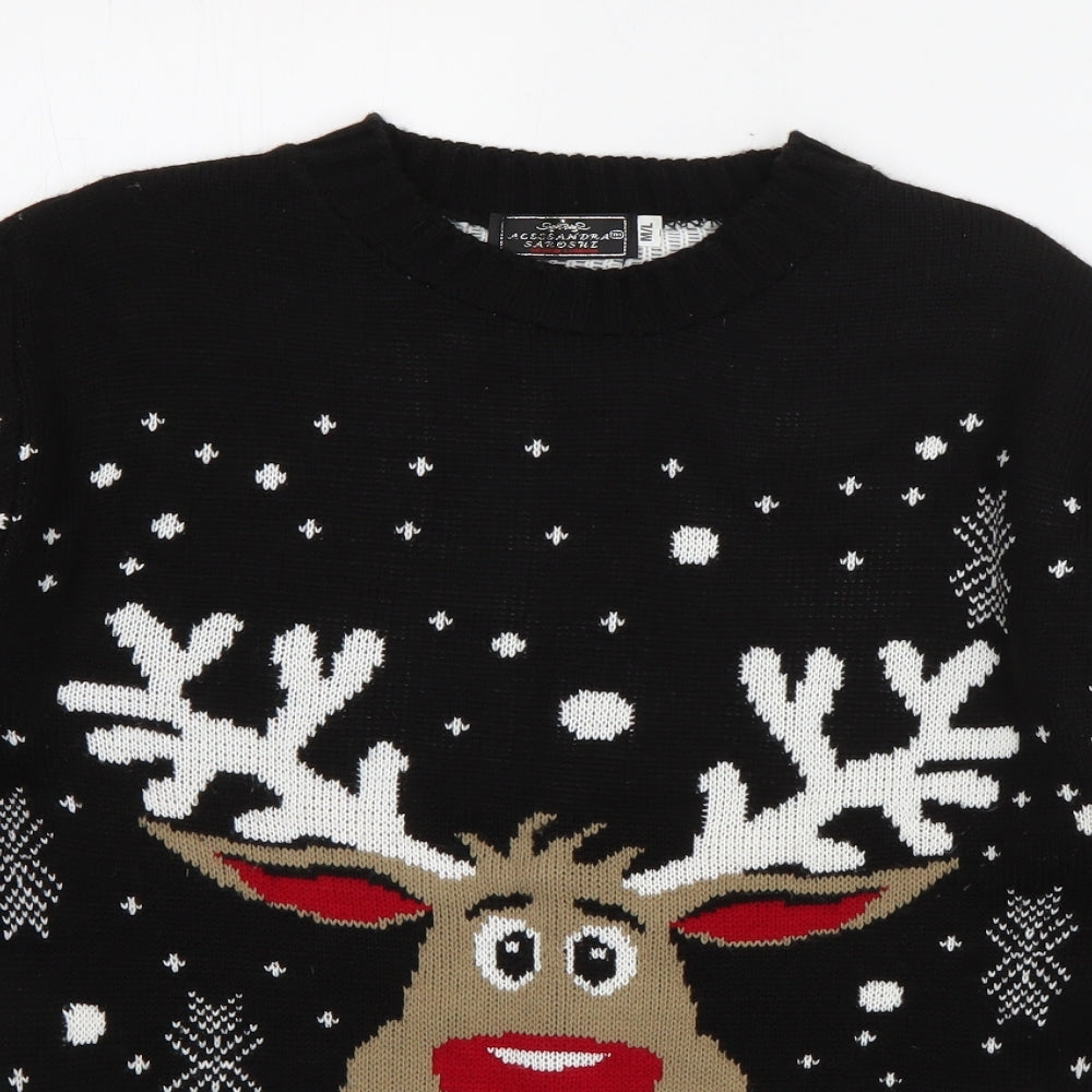 Alessandra Saroshi Mens Black Crew Neck  Acrylic Pullover Jumper Size M   - Rudolph