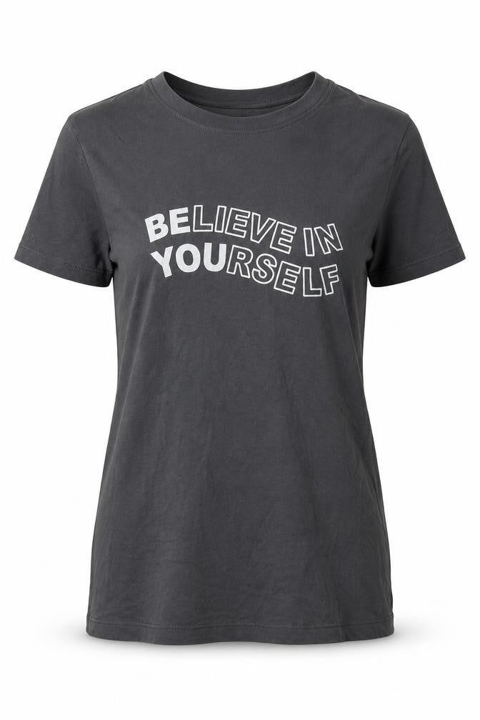 Front view of Primark women’s grey cotton basic t-shirt, size UK 4, crew neck - believe in yourself
