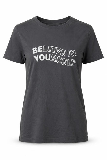 Front view of Primark women’s grey cotton basic t-shirt, size UK 4, crew neck - believe in yourself
