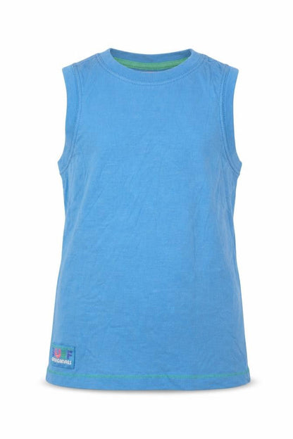 Front view of Next girls’ blue cotton basic tank, size 5, years crew neck pullover