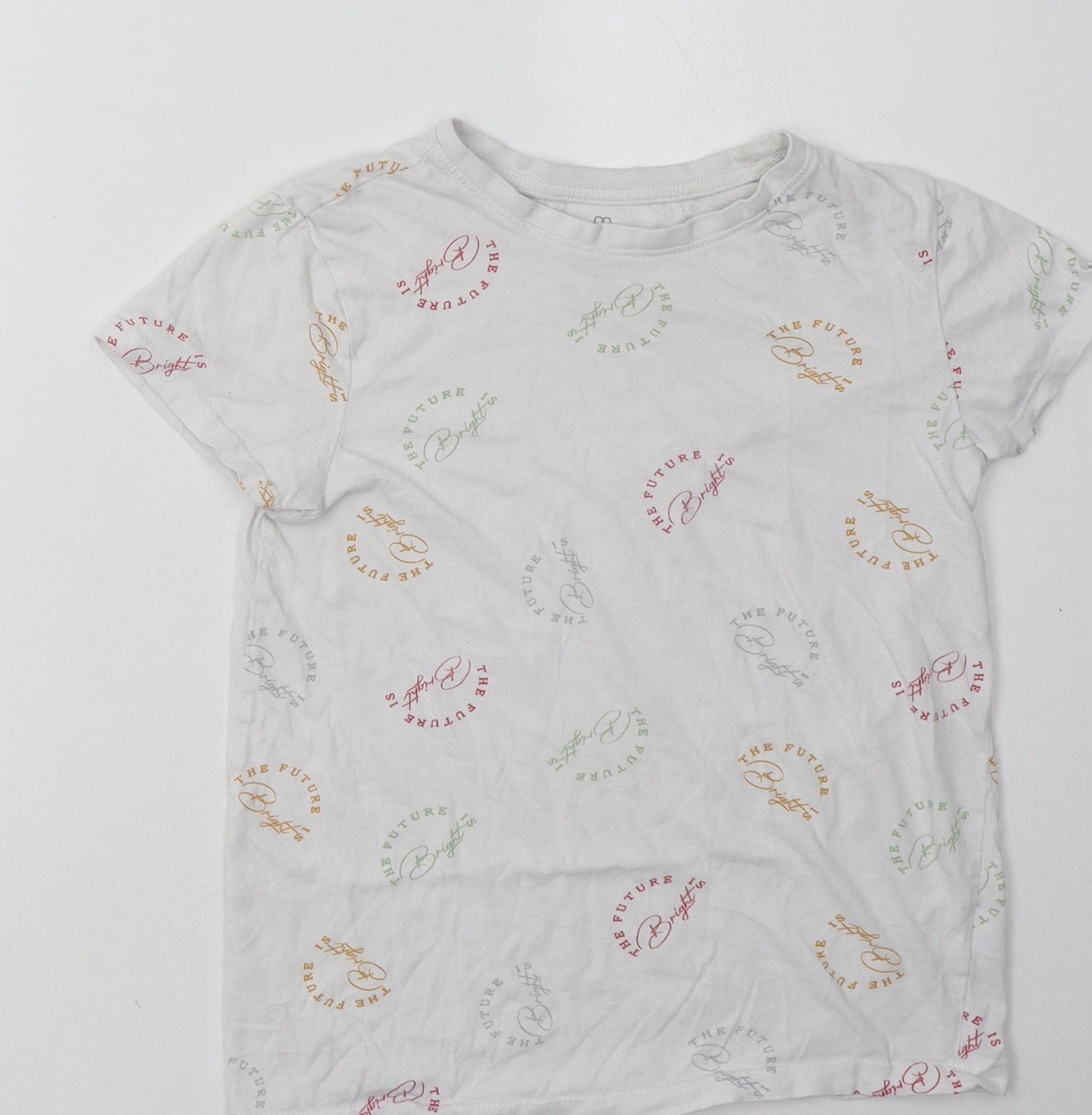 Primark Womens White Geometric Cotton Basic T-Shirt Size 4 Crew Neck - the future is bright