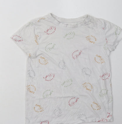 Primark Womens White Geometric Cotton Basic T-Shirt Size 4 Crew Neck - the future is bright