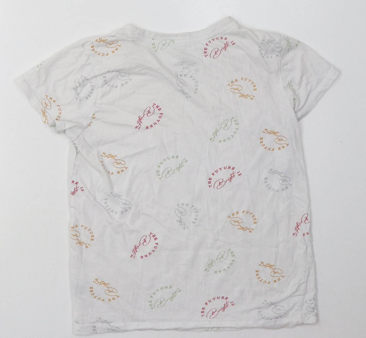 Primark Womens White Geometric Cotton Basic T-Shirt Size 4 Crew Neck - the future is bright