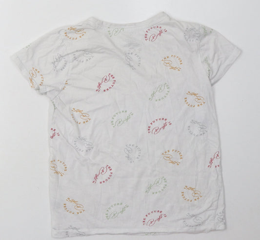 Primark Womens White Geometric Cotton Basic T-Shirt Size 4 Crew Neck - the future is bright