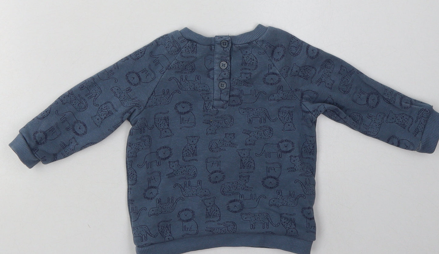 Matalan Boys Blue Animal Print Cotton Basic Casual Size 3-6 Months Crew Neck Button - zoo animals