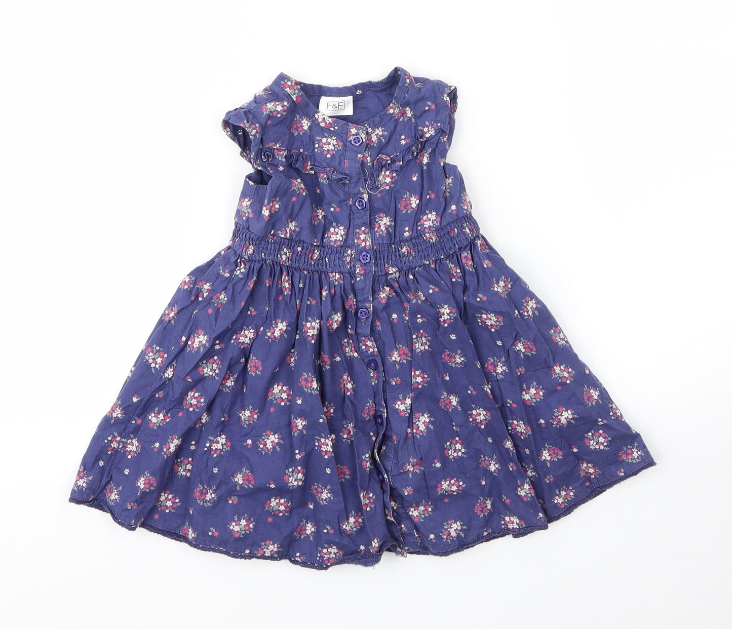 F&F Girls Blue Floral Cotton A-Line  Size 6-9 Months  Round Neck Button