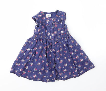 F&F Girls Blue Floral Cotton A-Line  Size 6-9 Months  Round Neck Button