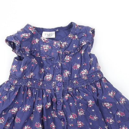 F&F Girls Blue Floral Cotton A-Line  Size 6-9 Months  Round Neck Button