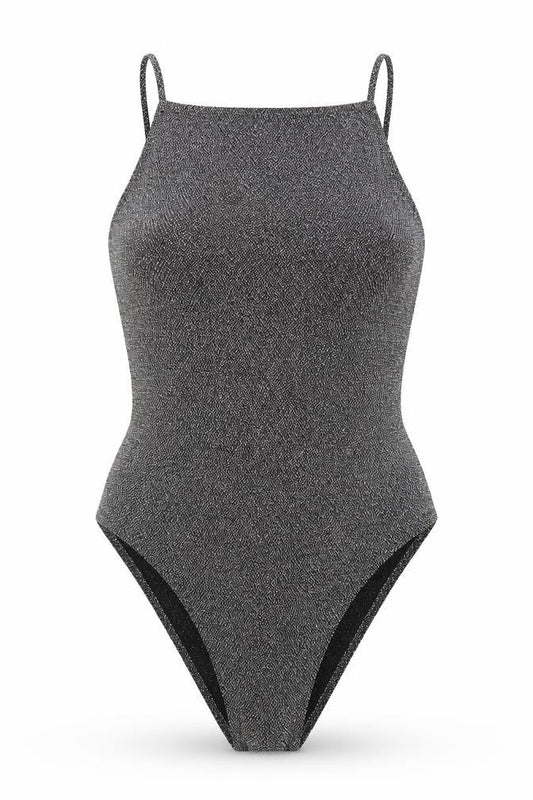 Front view of H&M women’s silver nylon bodysuit one-piece, size S, snap