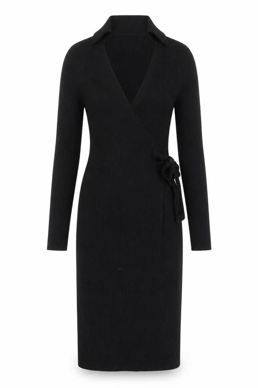 Front view of LU NYC women’s black viscose bodycon, size S, v-neck