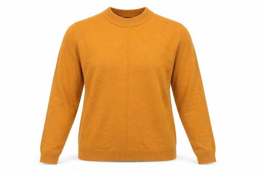 Front view of INTUITION women’s yellow round neck acrylic jumper, size UK 14