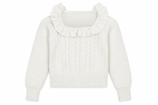 Front view of Miss Selfridge women’s beige square neck acrylic jumper, size UK 6