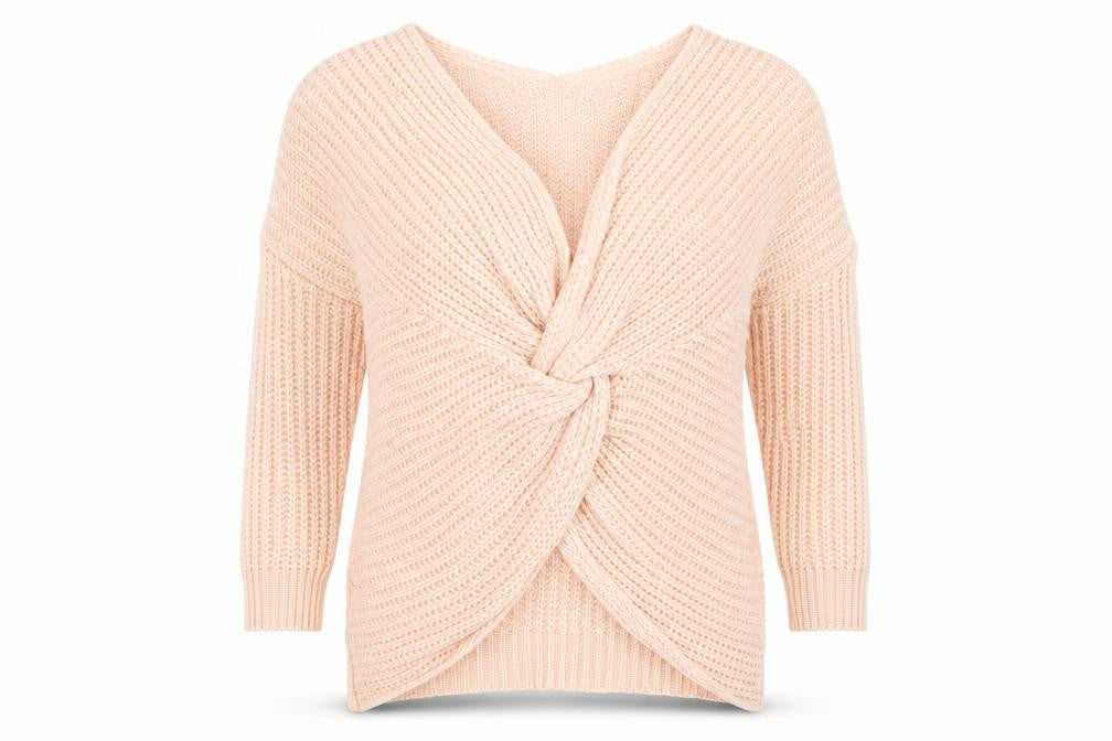 Front view of Parisian women’s pink v-neck acrylic jumper, size UK 8