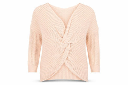 Front view of Parisian women’s pink v-neck acrylic jumper, size UK 8