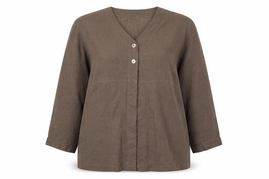 Front view of East women’s brown linen jacket blazer, size UK 12