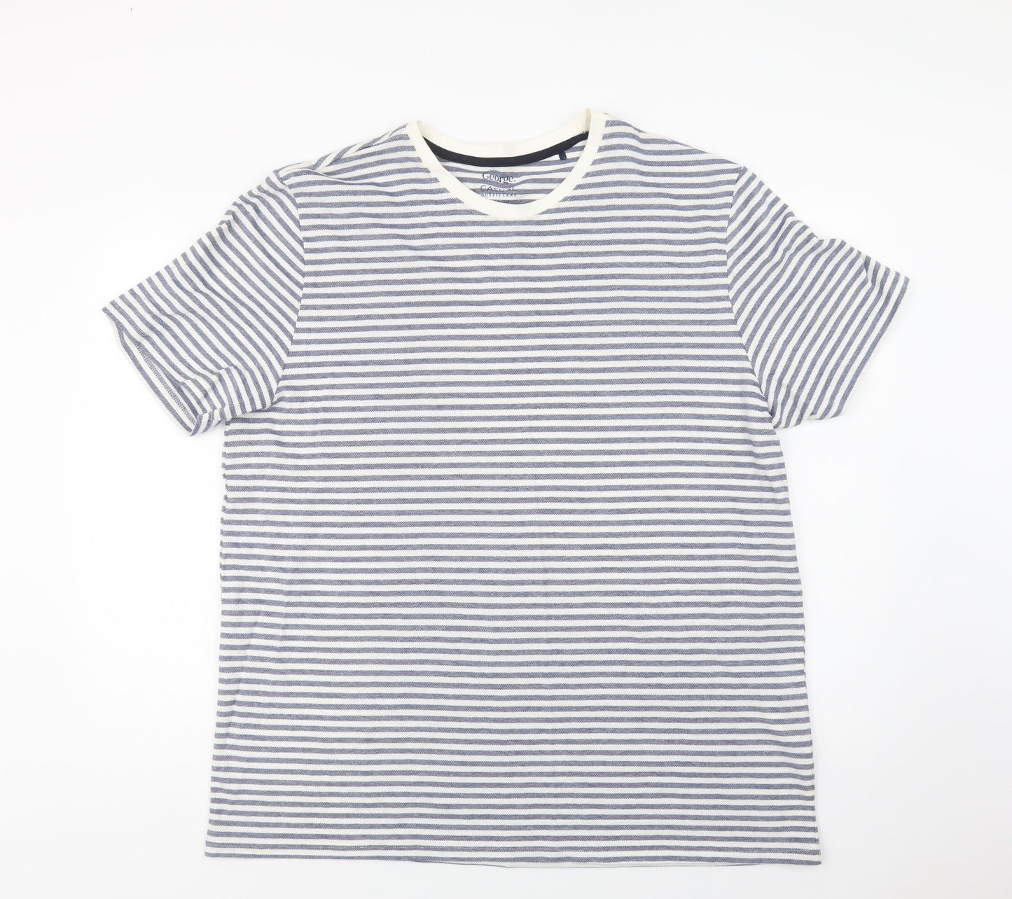 George Mens Blue Striped Cotton  T-Shirt Size XL Crew Neck