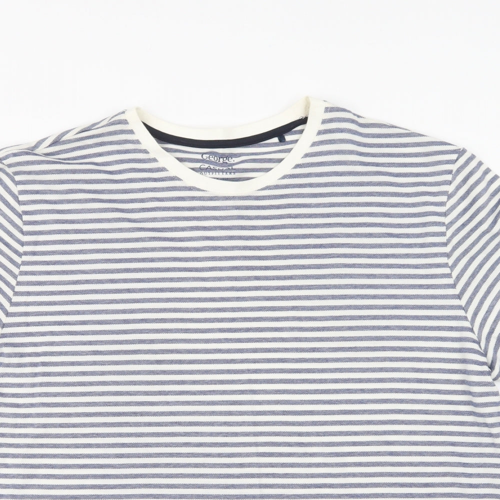 George Mens Blue Striped Cotton  T-Shirt Size XL Crew Neck
