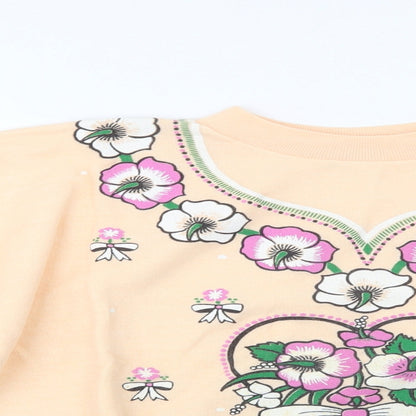 Gold Belt Womens Orange Floral Acrylic Pullover Sweatshirt Size L