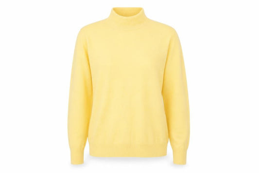 Front view of Isabelle women’s yellow mock neck acrylic jumper, size M