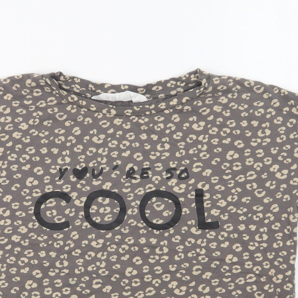 H&M Girls Brown Animal Print Cotton Basic T-Shirt Size 7-8 Years Crew Neck  - Cool