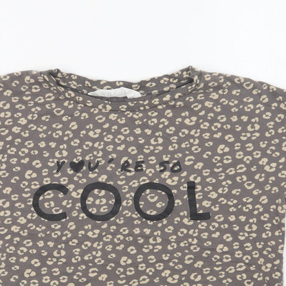 H&M Girls Brown Animal Print Cotton Basic T-Shirt Size 7-8 Years Crew Neck  - Cool