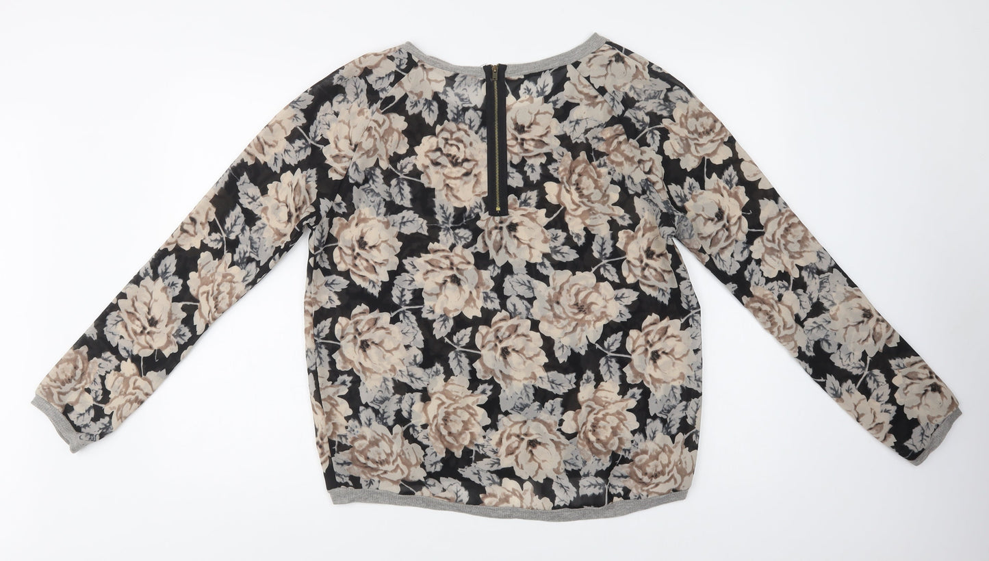 Primark Womens Black Floral Polyester Basic Blouse Size 12 Crew Neck