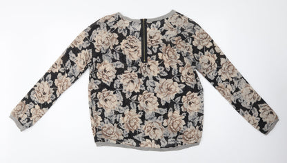 Primark Womens Black Floral Polyester Basic Blouse Size 12 Crew Neck