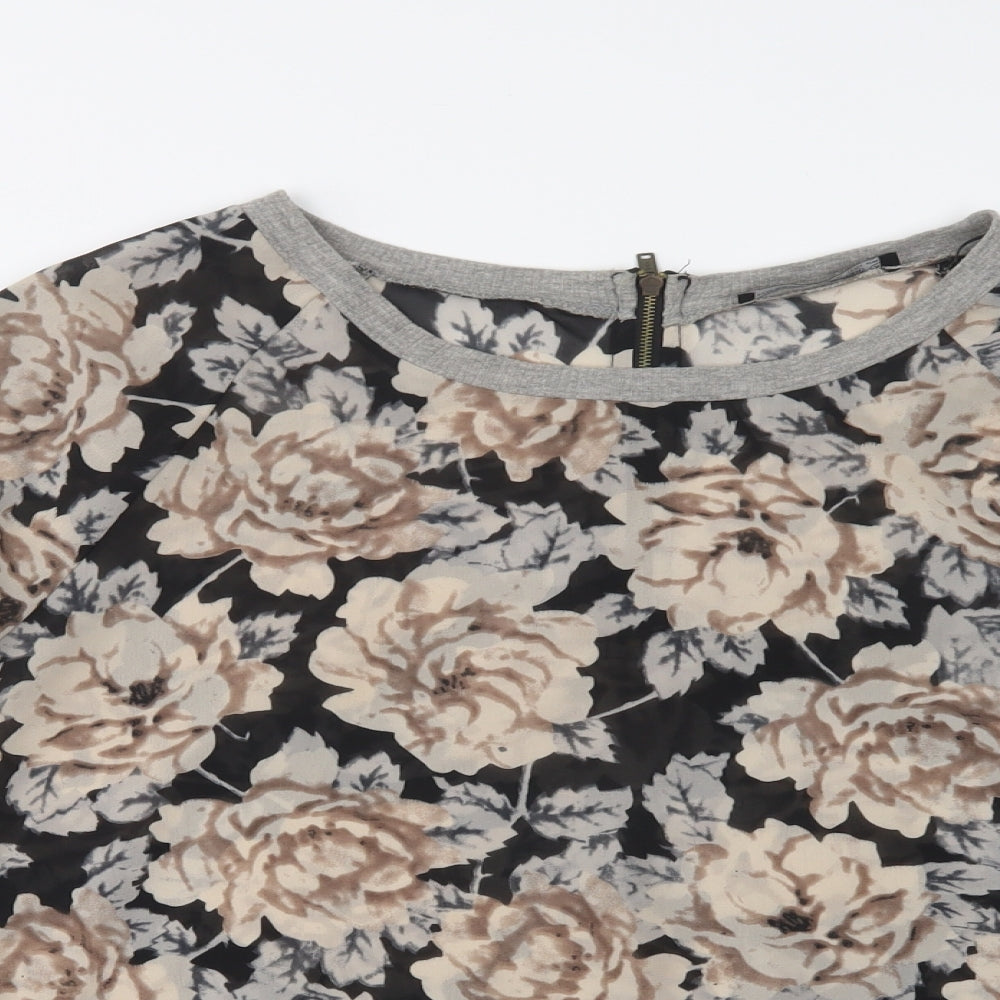 Primark Womens Black Floral Polyester Basic Blouse Size 12 Crew Neck