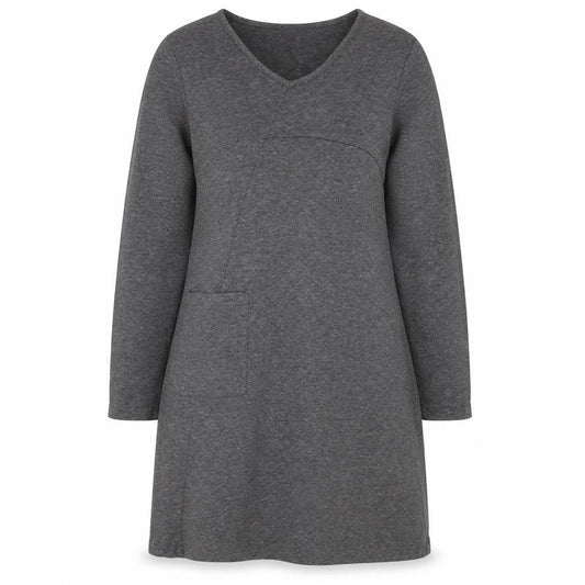 Front view of Zanzea women’s grey cotton blend shift, size S, v-neck