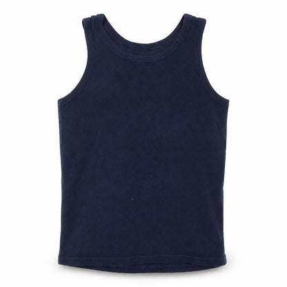 Front view of Marks & Spencer boys’ blue cotton basic tank, size 5-6, years round neck