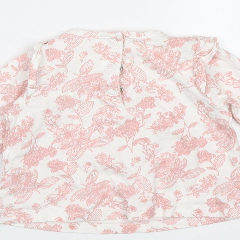 TU Girls White Floral Cotton Basic T-Shirt Size 0-3 Months Round Neck