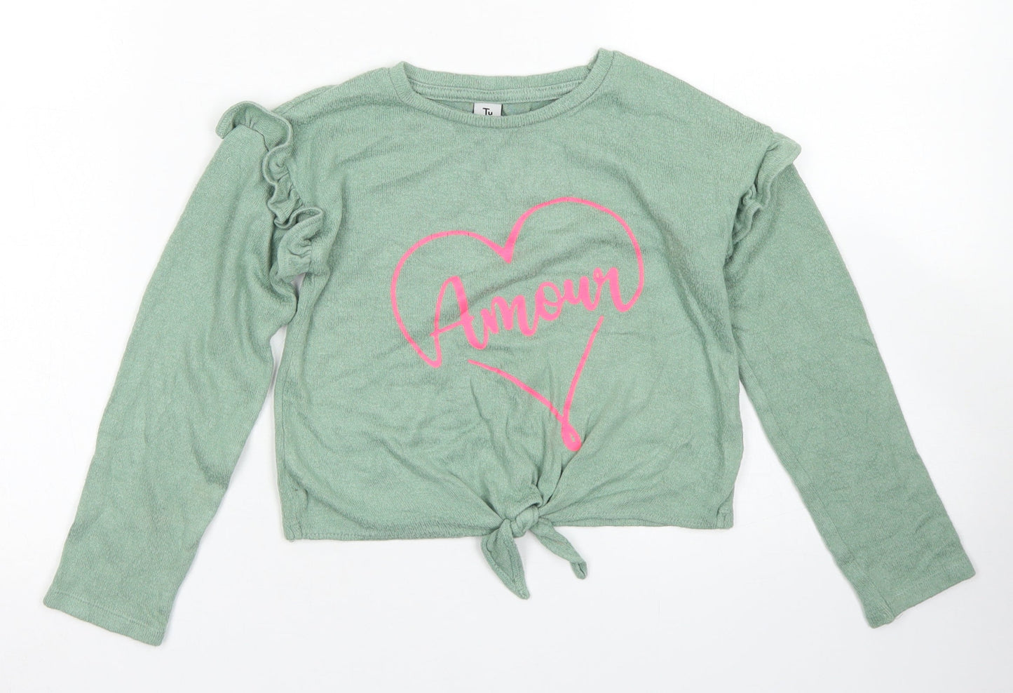 TU Girls Green  Viscose Cropped T-Shirt Size 6 Years Crew Neck  - Tie Front