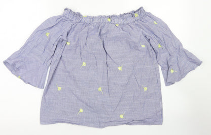 F&F Womens Blue Striped Cotton Cropped Blouse Size 6 Off the Shoulder