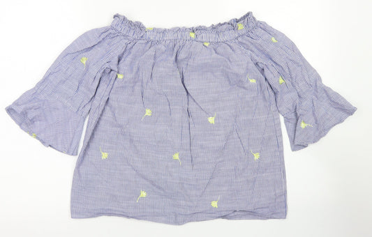 F&F Womens Blue Striped Cotton Cropped Blouse Size 6 Off the Shoulder